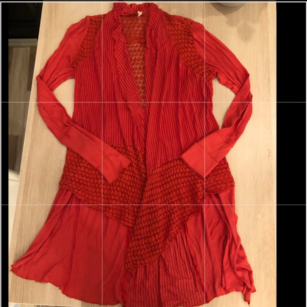 Red cotton knit handkerchief front cardigan